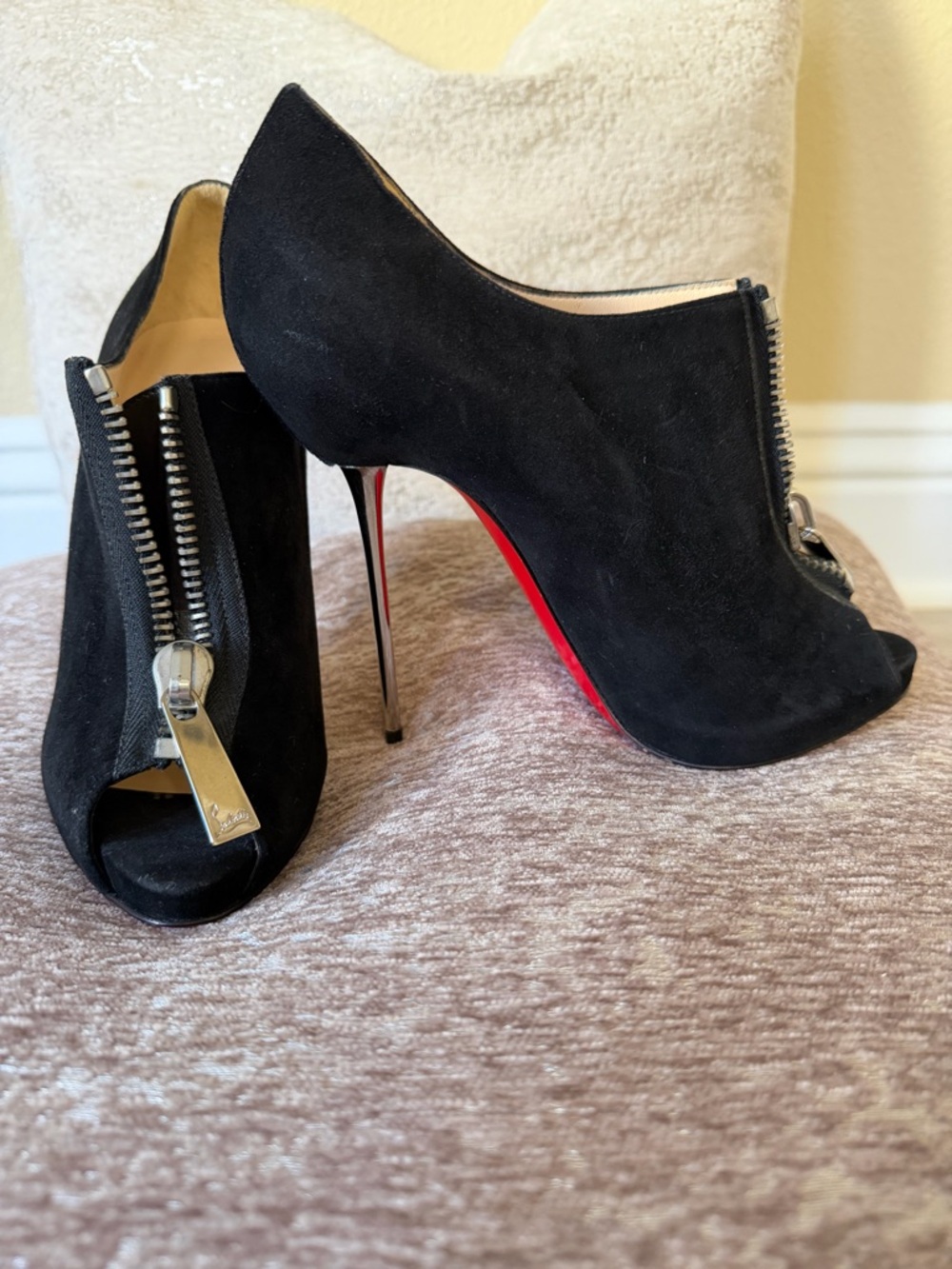 Christian Louboutin Black Suede Peep-Toe Zip Stiletto Booties with Red Sole